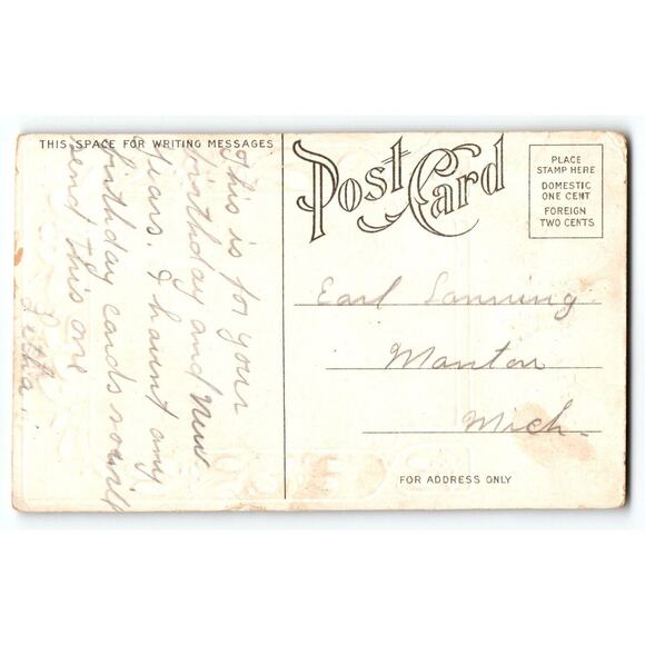 A Happy New Year Embossed Postcard Water Wheel Vintage Rustic Snowy Cottage - Picture 2 of 2